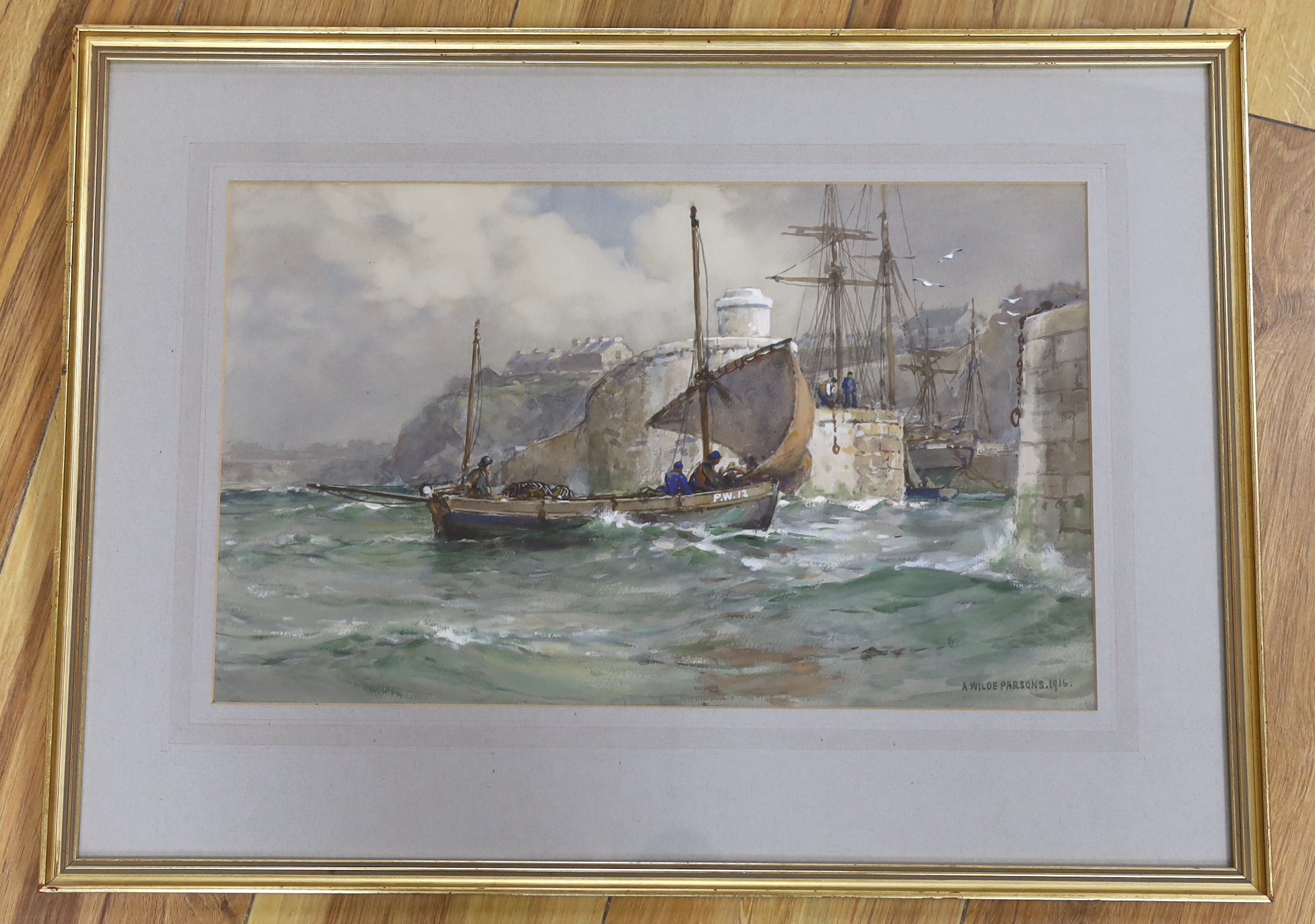 Arthur Wilde Parsons (1854-1931), watercolour, harbour scene, signed and dated 1916, 25 x 41 cm